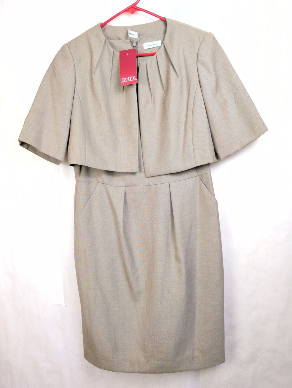 New Calvin Klein tan sheath dress cropped capelet jacket suit set Size 8P Office